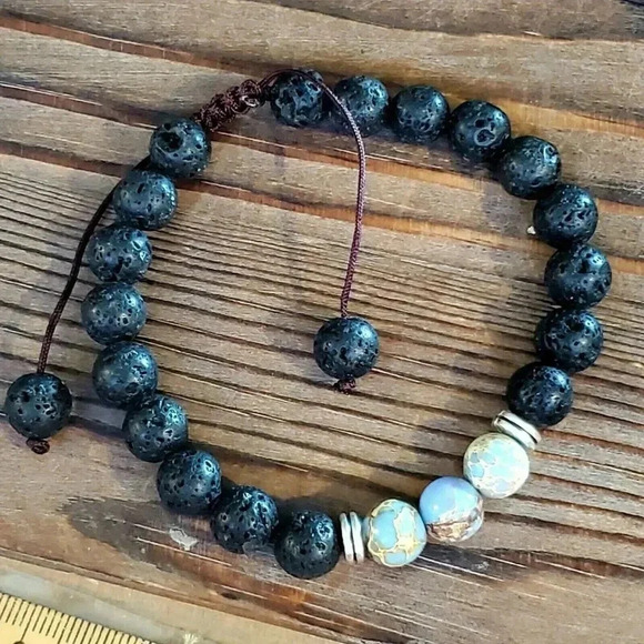 Hand Crafted Chakra Bracelet Natural Blue and Tan Aqua Terra Jasper Black Lava - Picture 6 of 7